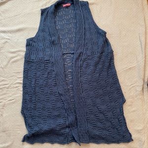 Long denim blue lace knit duster cardigan, size 18